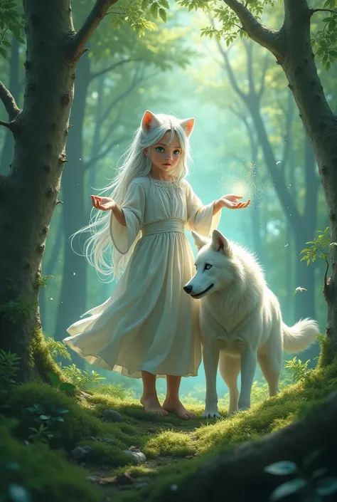  A girl with silver white hair,with heterochromia, in the middle of the forest, doing magic and a white wolf 