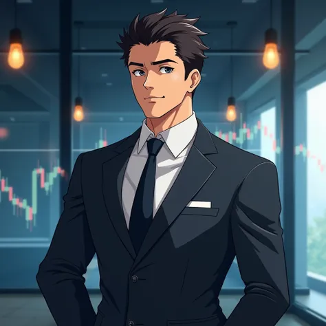 anime style
A mans man
A little smile
suits
The background is a securities company
There is a FX chart