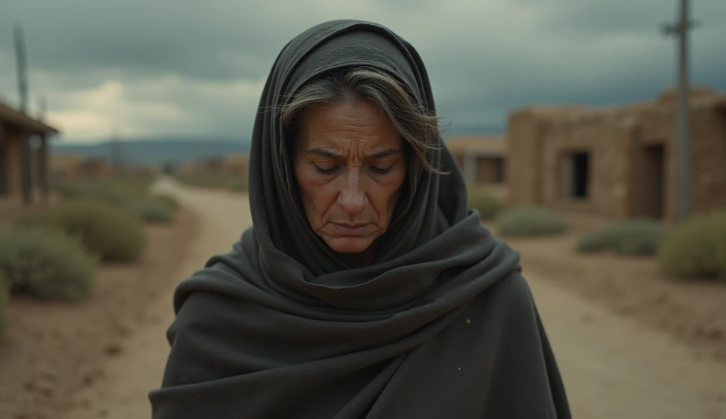 "Create a somber, emotional scene set in ancient Israel, depicting Naomi, a middle-aged woman dressed in mourning attire, sitting alone in a barren landscape. Her face is etched with deep sorrow and weariness as she looks down.The atmosphere is heavy, with...