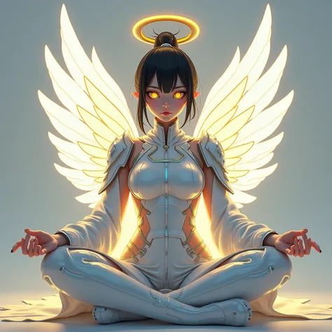 "8K resolution cyberpunk portrait of an angel samurai, with white wings and yellow accents, sitting in meditation pose with an elegant sword in front, digital anime style, high quality character art, futuristic lighting, intricate mech details, soft neon c...