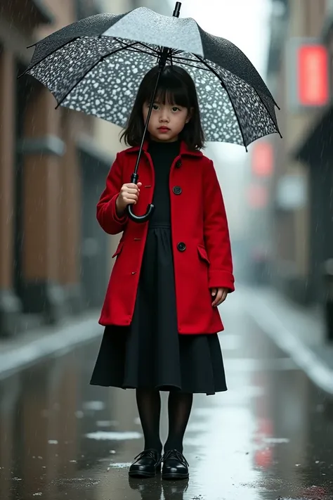 Baby girl in black dress and red coat  ,  using black and white umbrella 