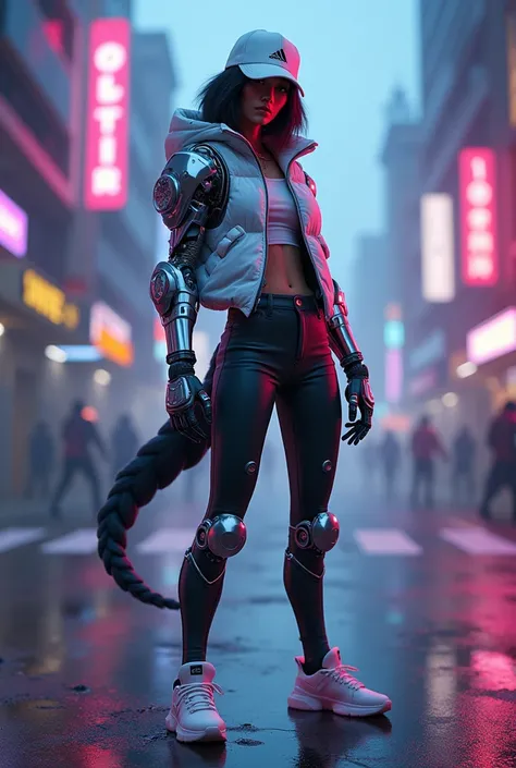 Fortnite singer Ice Spice wearing Adidas sneakers with the Chávez cap with a mechanical arm and a cybernetic tail