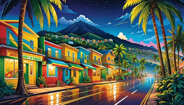 Vector art,  Lots of Jamaican Reggae ,  authentic Jamaican reggae music atmosphere, Chic colors, attention to detail, Streetscape,Shield of David , Rastafarian , Full Luster Color , palm trees, Half the Beach .Night City　Mountain trail