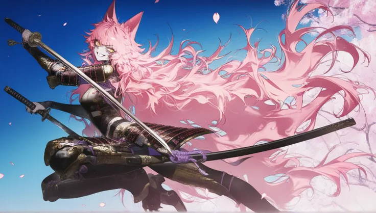 masterpiece, best quality, good quality, newest,  au (d elete), rella, liduke, pigeon666, reoen, very aesthetic, 1girl, dynamic pose, dynamic angle, japanese armor, jumping, holding katana, pink hair, very long hair, messy hair, wolf hair, wolf ears, yello...