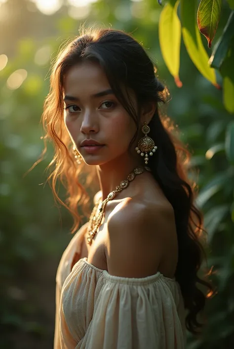 a nude village girl in india, elegant and serene expression, detailed facial features, long flowing hair, delicate skin, natural lighting, golden hour, intricate ornaments, graceful pose, lush green foliage, atmospheric haze, cinematic composition, dramati...