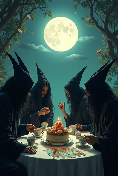  Ice cream cake and Tarot card ,  spiritual theme , mysterious color tone ,  it is a tea party in the evening,  bright full moon .