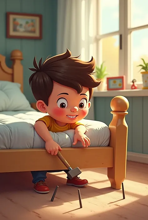 Boy driving nails into the legs of his bed cartoon 