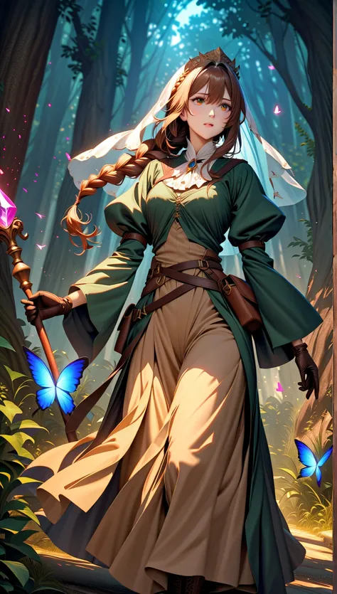 A stunning HD (High Definition) illustration of a brown-haired mage anime girl with long hair, with a braid on one side. She has brown eyes and wears a blue mages veil on her head. She is dressed in a long-sleeve white medieval-style shirt, brown pants, an...