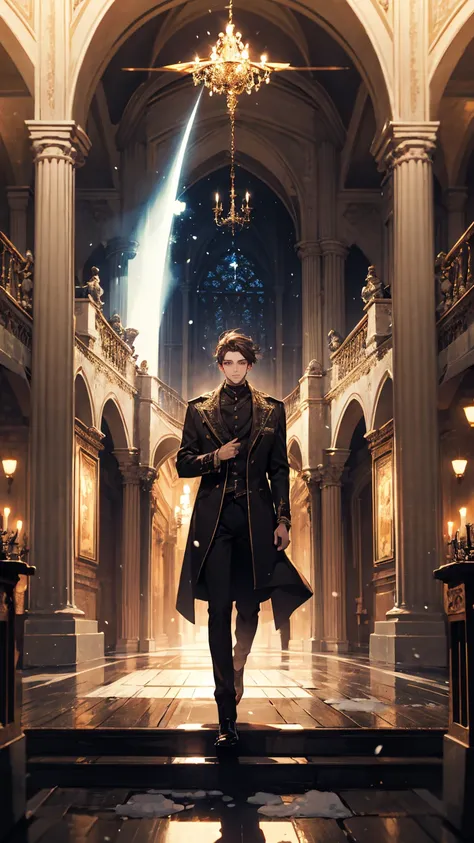 1young man, winter king,in the gorgeous castle,luminous effect,masterpiece, high quality 