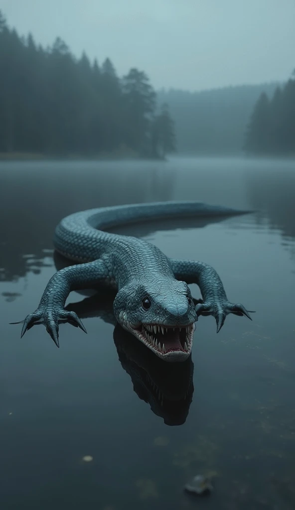 Visualize a mythical creature that is the fusion of a snake and a shark. Its body is long and sinuous, with the upper part covered in iridescent scales, reminiscent of those of a shark, with a dark blue and gray hue, and the body narrows to the tail of a s...