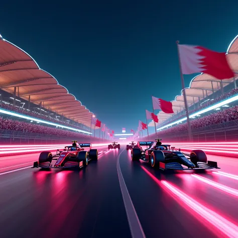 A dynamic 3D illustration of a Formula One race at the Bahrain International Circuit, captured at night. The scene showcases speeding moving Formula One cars on a neon-lit track, with glowing streaks of light emphasizing their high speed. The iconic Bahrai...