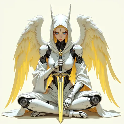 "Digital illustration of a cyborg angel ninja, anime cyberpunk aesthetic, predominant colors white and pastel yellow, sitting in contemplative pose, biomechanical sword in front, robotic engineering details, metal and light textures, symmetrical compositio...