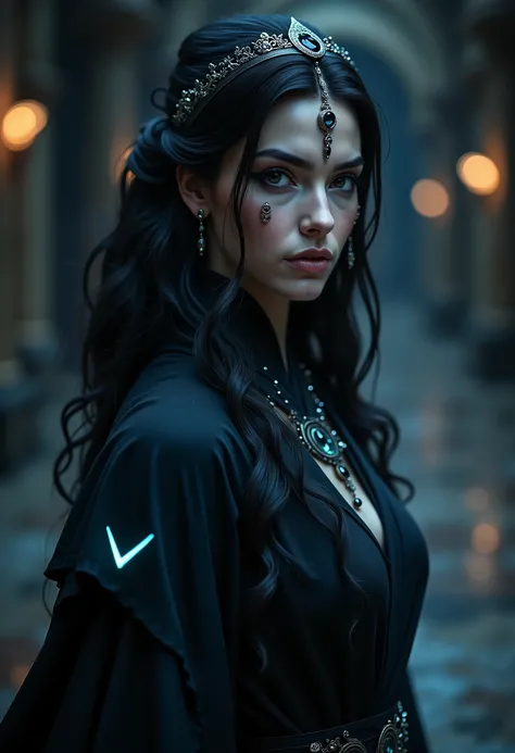 A powerful and enigmatic woman from the ancient civilization of Kâru, with jet-black, light-absorbing hair and deep black eyes. Her appearance is both beautiful and otherworldly, with features that evoke the mystery and elegance of shadows. She wears dark,...