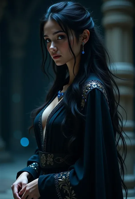 A powerful and enigmatic woman from the ancient civilization of Kâru, with jet-black, light-absorbing hair and deep black eyes. Her appearance is both beautiful and otherworldly, with features that evoke the mystery and elegance of shadows. She wears dark,...