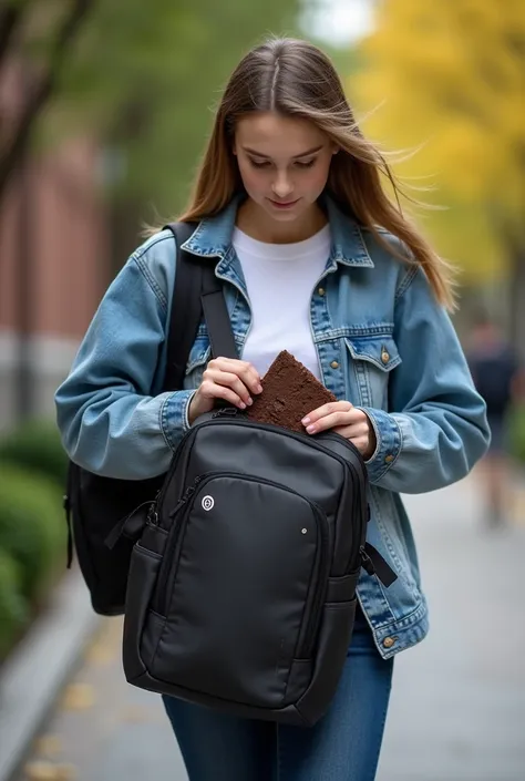  A student at university ,  taking his brownie and putting it in his backpack or sports backpack, showing its practicality . horizontal 