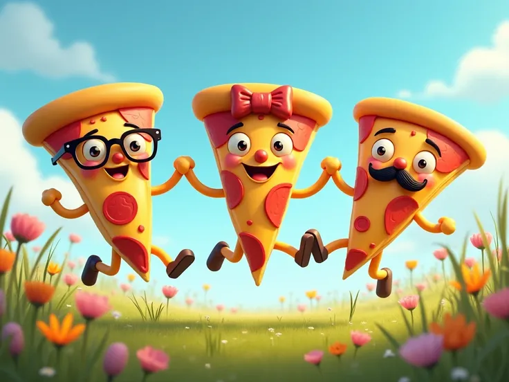 A group of pizza slice characters, each with a unique personality (one with glasses, one with a bow, one with a mustache), happily holding hands and skipping through a meadow.