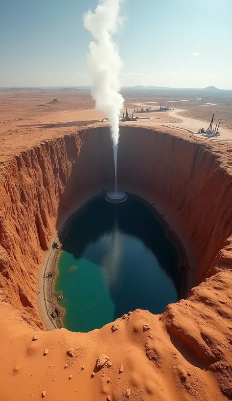 Giant hole ,  in a clear desert ,  with surrounding gas fields with extractor machines to process naturally extracted gas