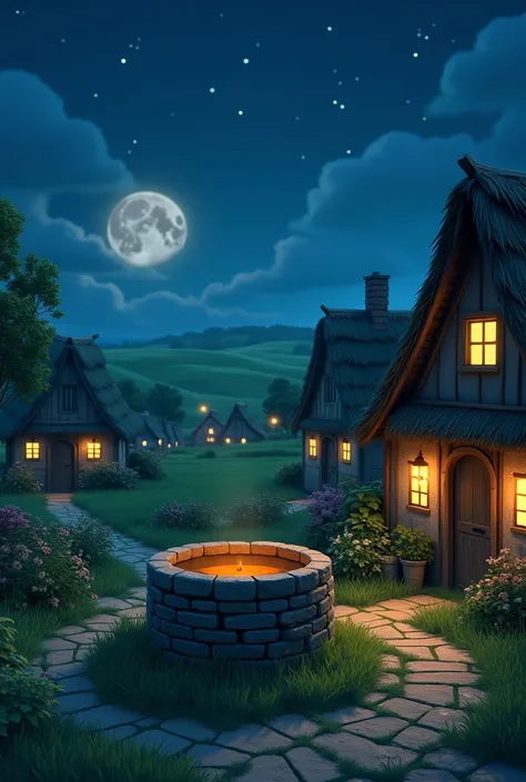 A serene rural village with lush green fields, small huts, and a central ancient stone well surrounded by wild bushes under a blue sky 
photo should be at night 3d pixar cartoon