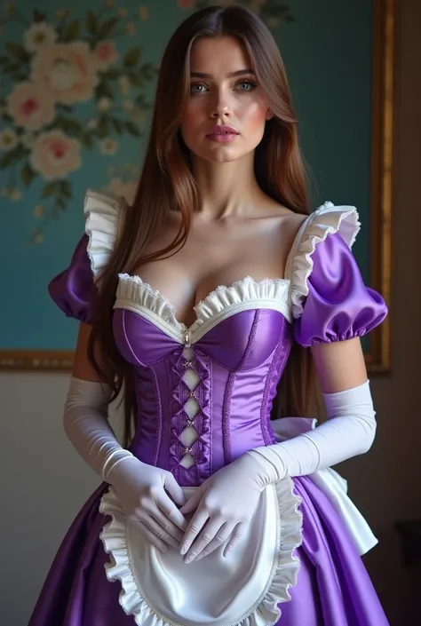 Young european bimbo woman is dressed in a tight and frilly and elegant purple maid dress with apron and big bell sleeves. The corset cinches his waist into an exaggerated hourglass shape, and the breastforms create the illusion of large breasts. His pale ...