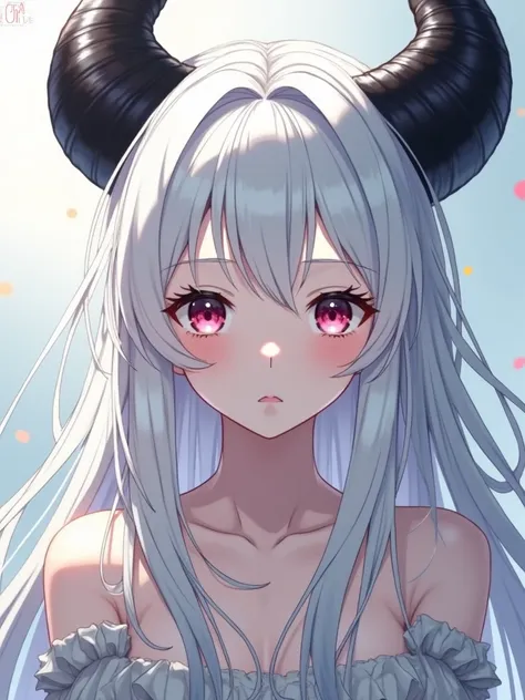 Make a white-haired anime girl with black horns