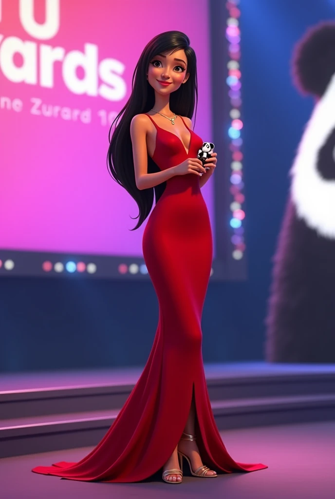 Woman 30 years, long black straight hair, wearing red v strap long taffeta ball gown dress with gold strap high heels sandals. 
Thanking on microphone and Holding award in the form of a small white and black panda 🐼, with pink and blue background screen th...