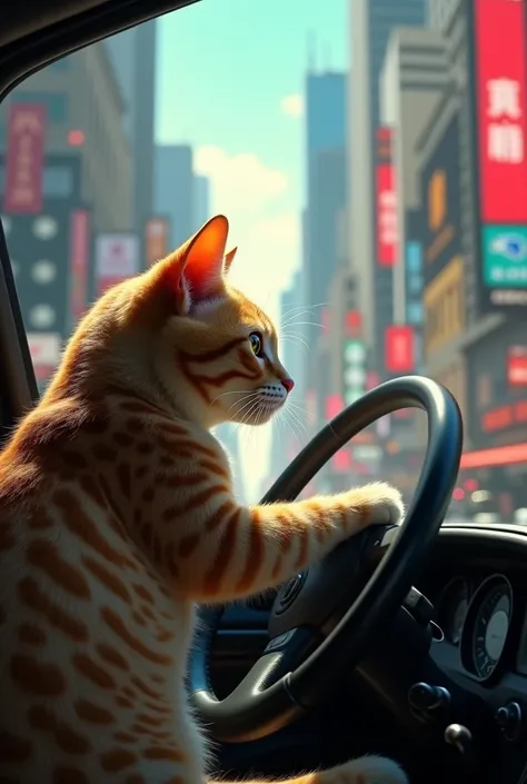  Cat driving around the big city ,  the size should be similar to a human in a car , sideways perspective ,  cat should be seen in profile taking one hand out the window and driving with the other,  as if you were traveling ,  should generate the image a f...