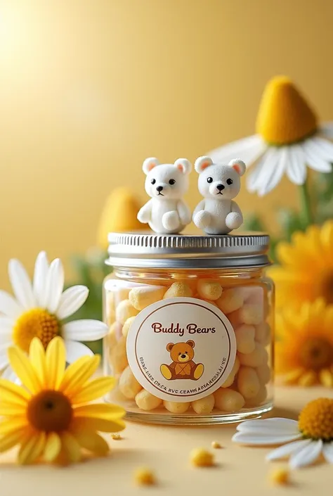  an advertisement with the title  "Buddy Bears "  that has a small glass jar with a metal lid which has a circular label that reads as follows: Buddy Bears  body cream manzanilla,  that inside the bottle there are small WHITE bears INSIDE THE BOTTLE ,  in ...