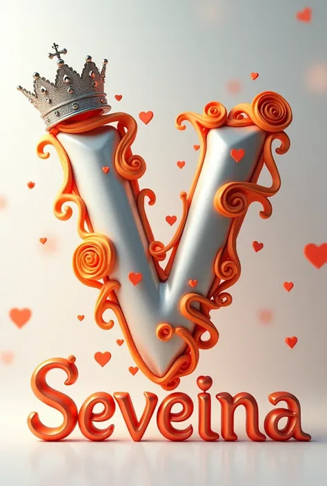 
A 3D rendering of a letter "V" with a silver crown and orange swirling designs and hearts. The letter is placed on a delicate white background. In the foreground, the name "SEVERINA" is written in orange and silver 3D letters. The design exudes opulence a...