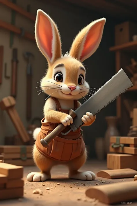 Working rabbit holding a saw