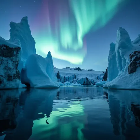 IMG_1018.CR2, Aurora Over the Glacier, Depicting a glacial lake with a calm mirror like surface, where the auroras reflection sways on the surface of the water. The icebergs and glaciers around the lake appear in different colors under the aurora, adding a...