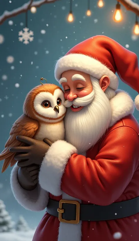 Santa Claus cuddled with a mini owl 