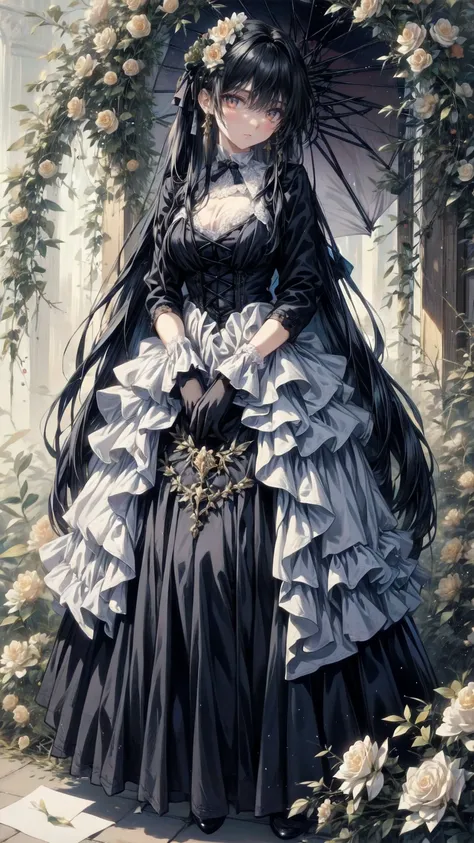 , full body view,Head to toe composition, (masterpiece), ( best quality),  illustration of a Victorian girl  、cute girl、Anime、 1. **Low Fashion**:  Victorian fashion 、 are characterized by gorgeous and elegant designs 。Ruffles and lace、  Corset  、  incorpo...