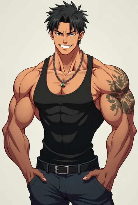 a hot muscular young anime mafia boy with small tattoos is smirking and he is wearing a tanktop and a necklace and he is flexing his bicep