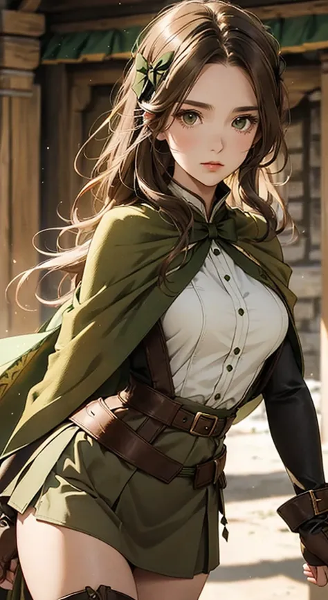 Huntress girl light brown hair, wearing an olive green asymmetrical medieval-style skirt, brown knee-high boots, and a white blouse has a short olive-green shawl with intricate details in the fabric. brown gloves and a bow, ready for battle. clothing and b...