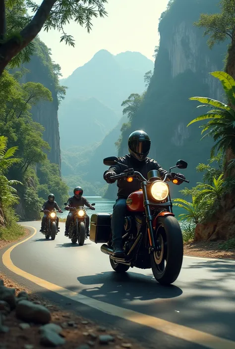 Some men ride adventure motor on curve road, between moutain, there are trees and water, fullface helmet, in jungle