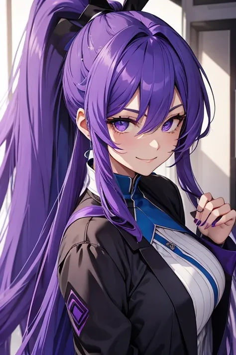 Blue-purple hair, Ridiculously long hair, Hair between the eyes, High Ponytail, purple eyespurple suit, Anime Color,seductive smile