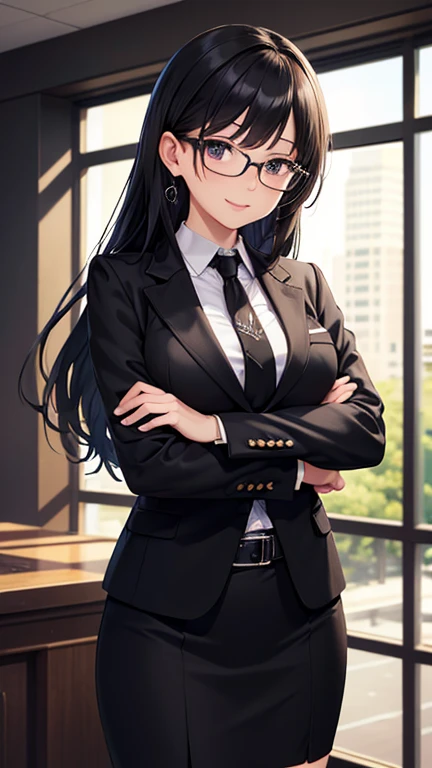 (best quality), (highly detailed), masterpiece, (official art), long hair, bangs, earring, black hair, lips, smile, necktie, pose, glasses black jacket,(black suit),long sleeves, shirt tucked in,looking at viewer, shirt, black necktie, white shirt, medium ...