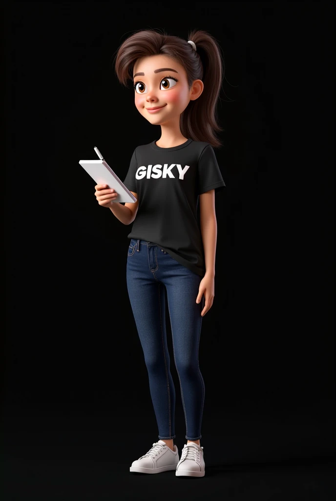  Create a realistic virtual assistant who wears a black t-shirt written GISKY with capital letters in the middle of the t-shirt. He wears navy blue jeans and the background is black .  He has a notebook and a pen in his other hand and hes not full-bodied a...