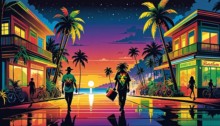 Vector art,  Lots of Jamaican Reggae , Authentic Jamaican reggae music vibe, Chic colors, Attention to detail, Streetscape,Shield of David , Rastafarian , Full Luster Color , palm trees, Half the Beach .Night City　A man and a woman walk around the city　 si...