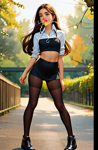   masterpiece, hyperrealistic style , full body portrait, photorealistic,  lyrics,16K,  beautiful and stunning Mexican girl,with long straight brown hair  , wears black tights and hyperrealistic clothes marked on the body,  beautiful body,  small breasts ,...