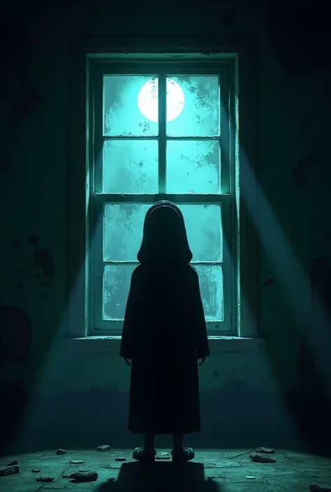 Generate in cinematic 3d cartoon style**
haunting visual of a shadowy figure standing by the window of the eerie house. The moonlight casts ghostly shadows, and whispers seem to float in the air.