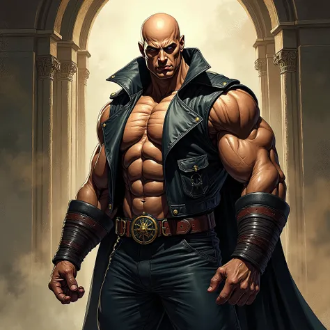 American comic book style drawing of bald man, Handsome Bald bear Castlevania Lord of the shadows muscular full Wear leather hyper realistic super detailed, with lines from the manga Akira Toriyama