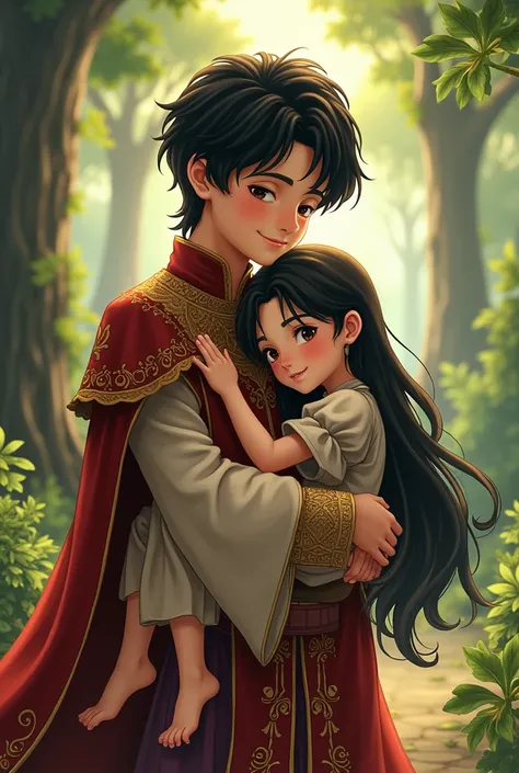  boy,  short black hair , Noble clothing , Holding an  in her arms, Black hair on the lap, both smiling, Anime medieval, medieval forest, 2D