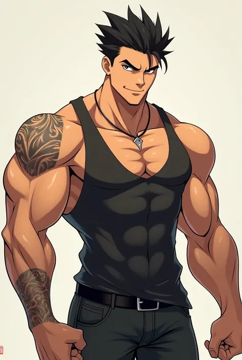 a hot muscular young anime mafia boy with small tattoos is smirking and he is wearing a tanktop and a necklace and he is flexing his bicep