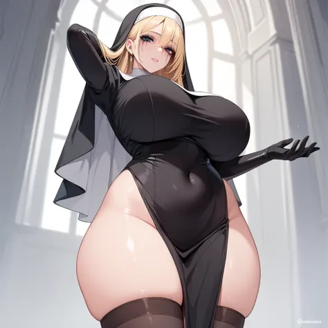 1 girl, busty body, milf, big breasts, giant wide ass, tall, goth makeup, blonde hair, Nun clothes 