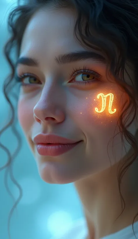 Close-up of a Libra woman with a gentle smile, glowing golden-brown eyes, and the Libra symbol glowing in 3D on her cheek, with a soft blue light halo around her face.
