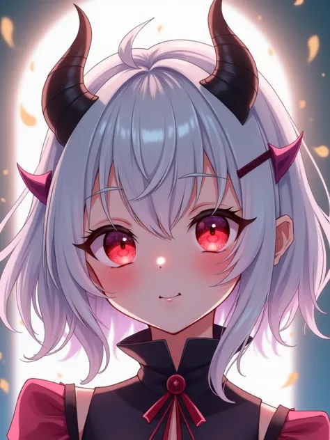 Make an adorable anime girl with red eyes with white hair and black horns