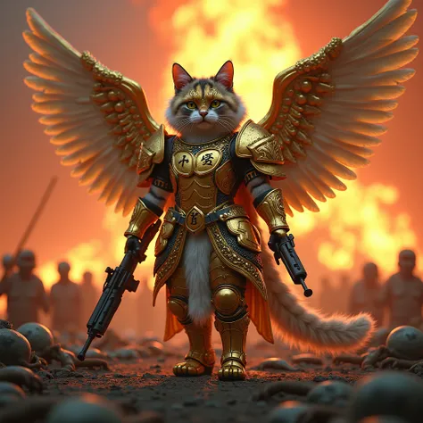 The munchkin menuet calico cat with golden wings that became the god of destruction 、She has 「JTT」Wearing golden armor engraved with 、 countless zombies are lying at her feet in her stylish style、He is holding a state-of-the-art rifle and bazooka in both h...