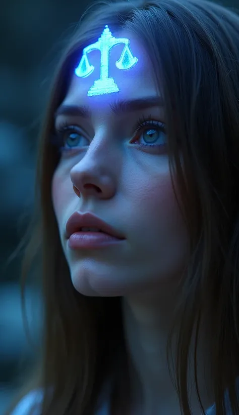 Close-up of a Libra woman with an introspective gaze, long straight hair, and the Libra symbol glowing in 3D on her temple, emitting a calm, harmonious light in shades of blue and lavender.
