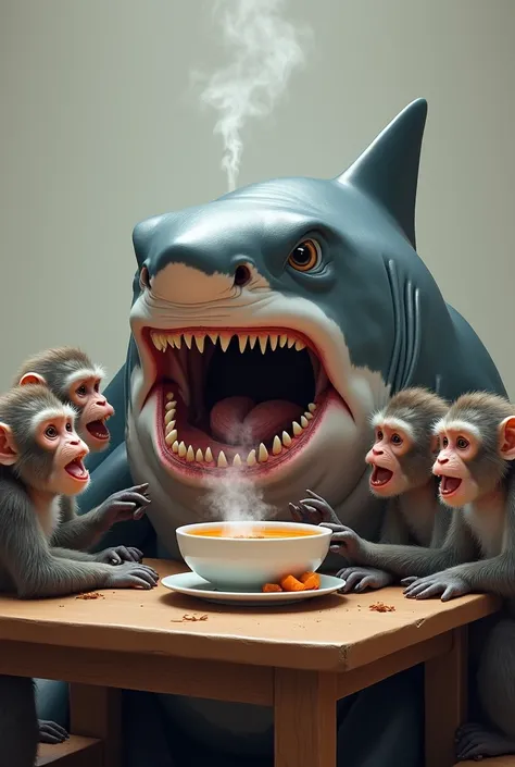 White shark head on table eating soup with monkeys 
